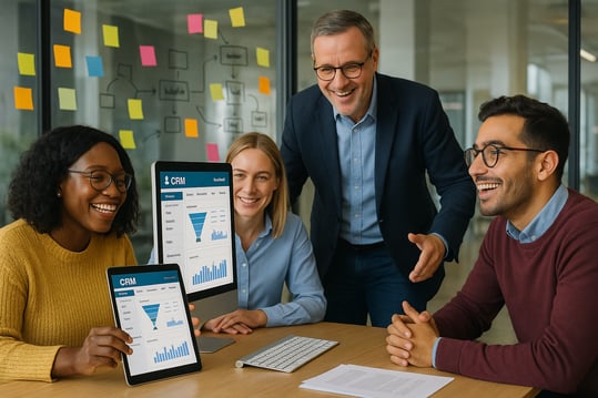 Diverse UK office professionals collaborating around a CRM interface, post-it notes, and workflow diagrams, with a visible project leader encouraging input.